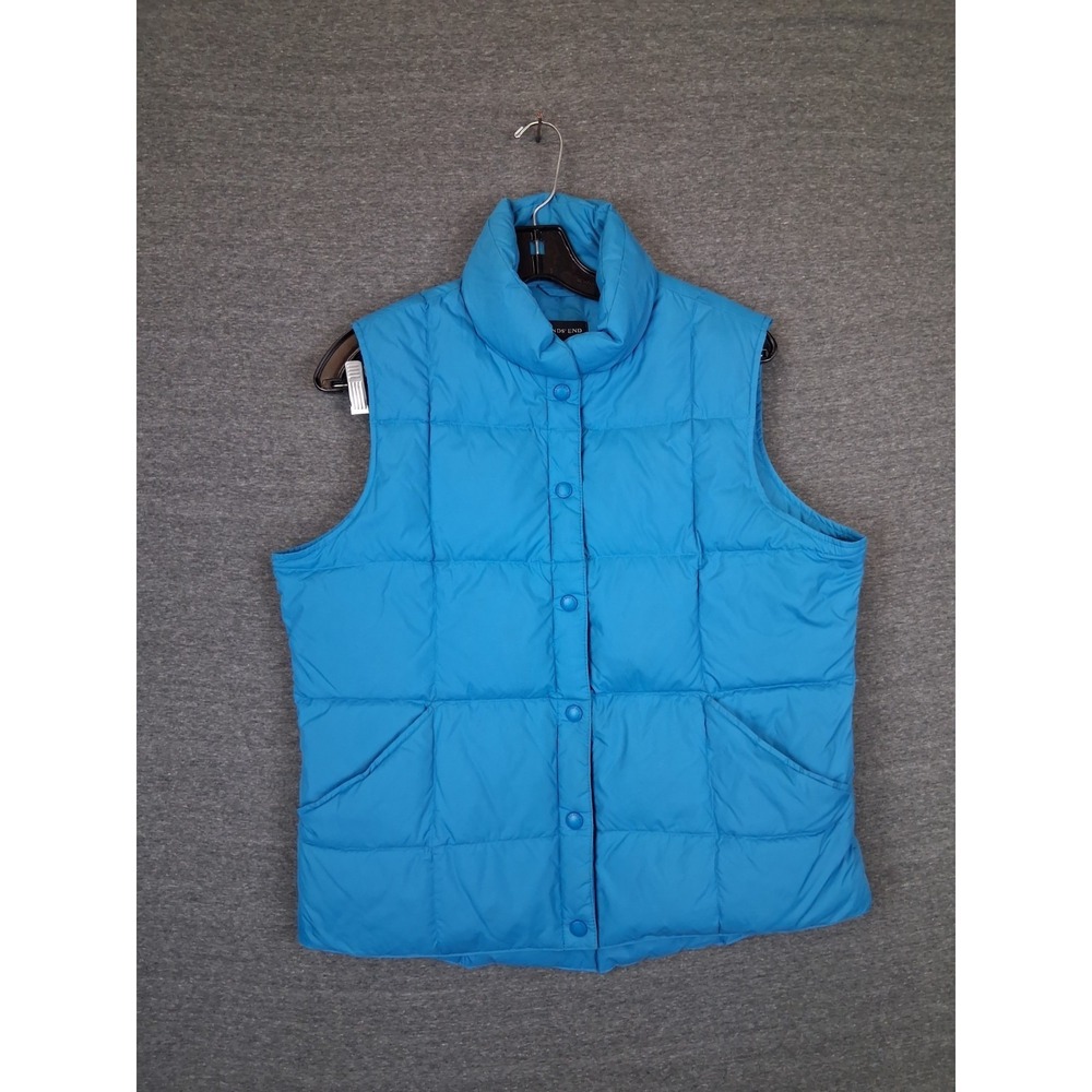Lands End Womens Jacket Medium Blue Goose Down‎ Puffer Vest VTG Snap